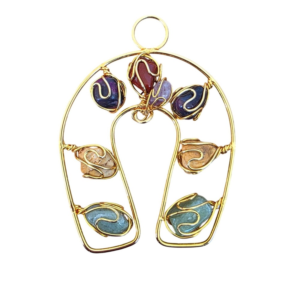Gold Tone Horseshoe Wire Wrapped Gemstone Pendant Necklace